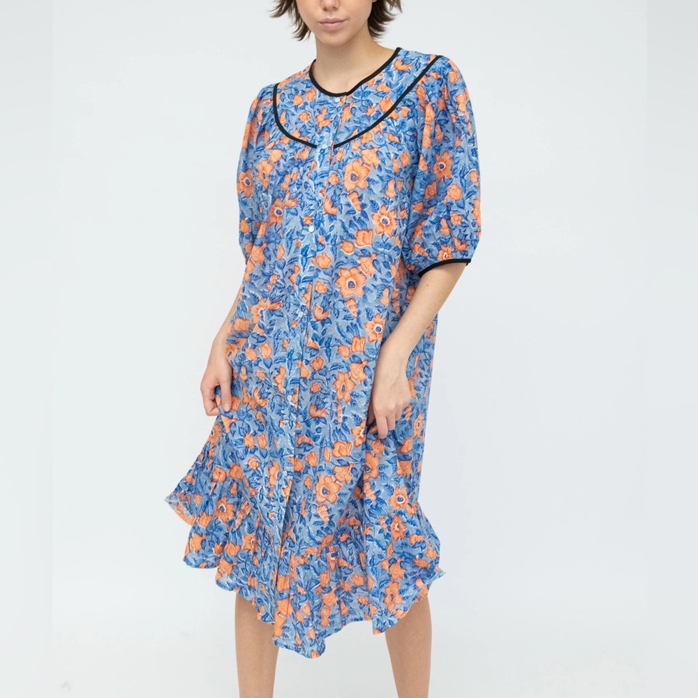 Batsheva Floral Peach & Blue Tent Snap House Dress